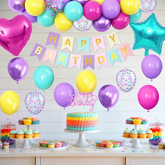 Pink Blue Purple Birthday Decorations for Women Girls, Hot Pink Blue Latex Balloon Decor Happy Birthday Banner Star Heart Foil Balloons Cake Topper Party Supplies