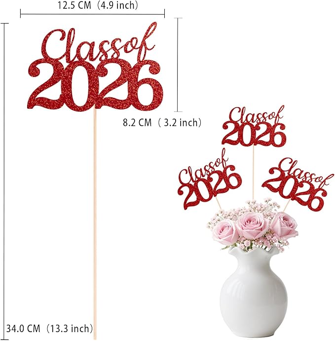Red Class of 2026 Double-sided Graduation Table Centerpieces, 12 Pcs Grad Party Decorations with Sticks, Graduation 2026 Party Supplies for Table Decor