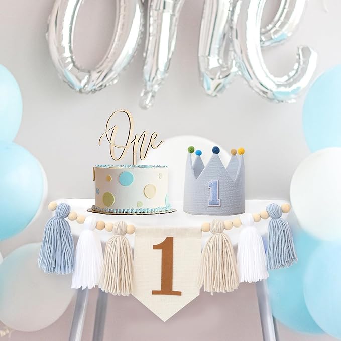 Baby Boy First Birthday Party Decorations Blue White High Chair Banner 1st Crown Hat Cake Topper
