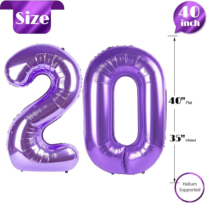 Purple Number 20 Balloon 40 inch, 20 Number Balloons, 20th Purple Birthday Decorations, 20 Year Old Girls Boys Party Supplies