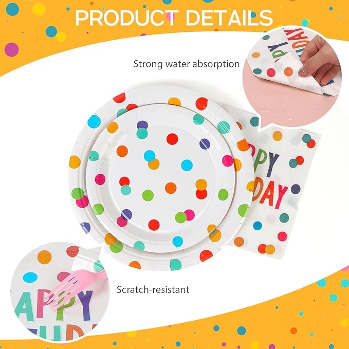 100Pcs Happy Birthday Plates and Napkins Colorful Polka Dots Paper Plates and Cups for Baby Shower Kids Birthday Party Decorations Supplies, Serves 25