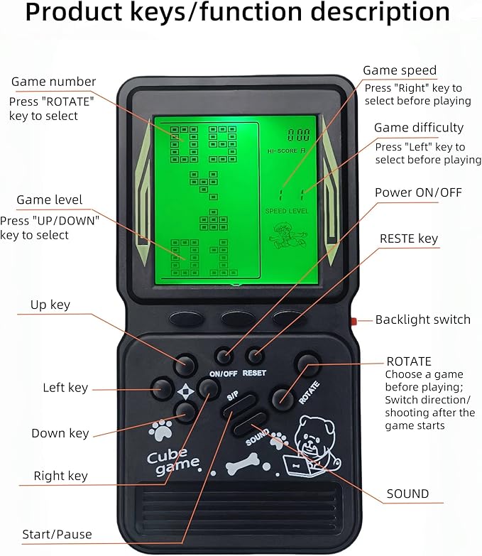 Electronic Cube Game Console Built-in 23 Block Games Thousands of Modes Green Backlight Adjustable Difficulty/Speed Handheld Puzzle Game Retro Toy for Children/Adults (Yellow)