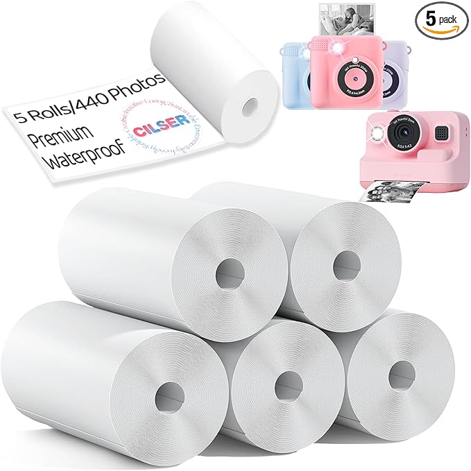 440 Pcs/5 Rolls Premium Kids Camera Paper Roll Refill, 2.2x1.1Inch(57X25mm), CILSER Thermal Paper for Most Kids Instant Camera, HD Printing, Waterproof, Non-sticky(5 Rolls)