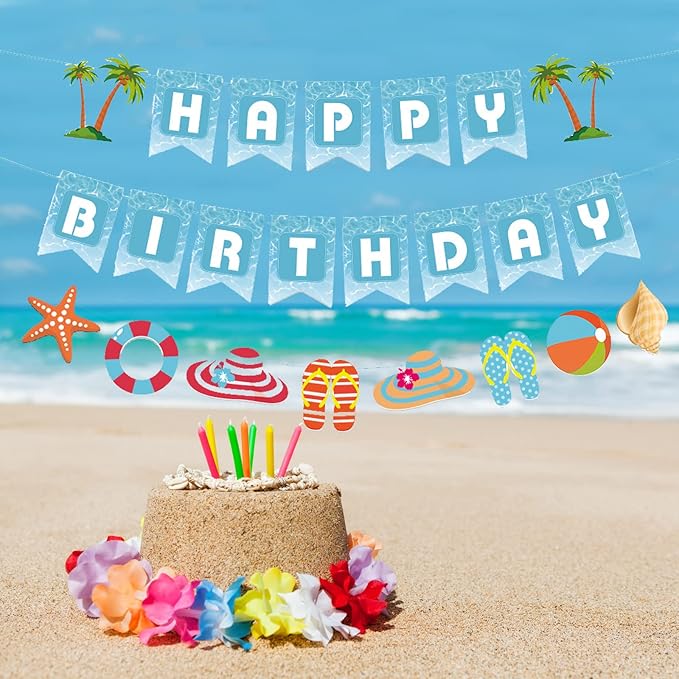 Zwiebeco Seaside Happy Birthday Party Decoration Blue White Sign Starfish Conch Hanging Paper Banner for Kids Adults Tropical Hawaiian Beach Pool Summer Accessories Supplies