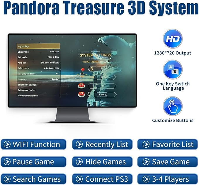 8000 Games 3D Pandora Box Arcade Console, WiFi Function Retro Video Game Machine, 1280x720 HD Output, 4-Player Support