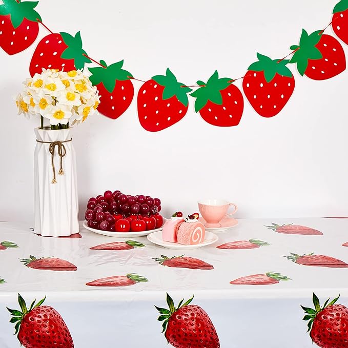 Flutesan 4 Packs Strawberry Party Decorations Strawberry Tablecloth and Banner Set 2 Table Covers, 86 x 51 Inch, 2 Hanging Banners for Birthday Summer Fruit Theme Baby Shower Party Supplies