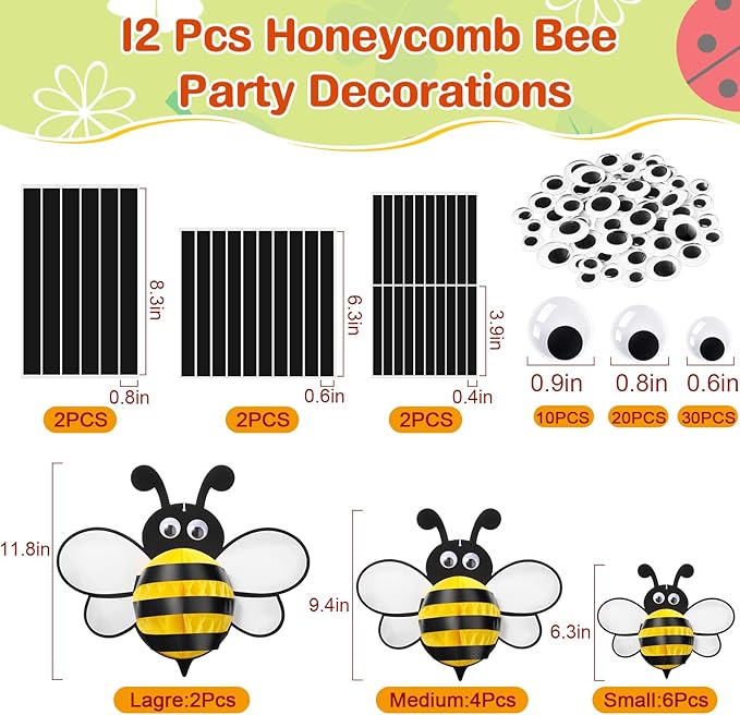 Amyhill 12 Pcs Large Bee Birthday Party Decorations Hanging 3D Bee Honeycomb Centerpieces Table Toppers Decoration for Birthday Baby Shower Party Supplies