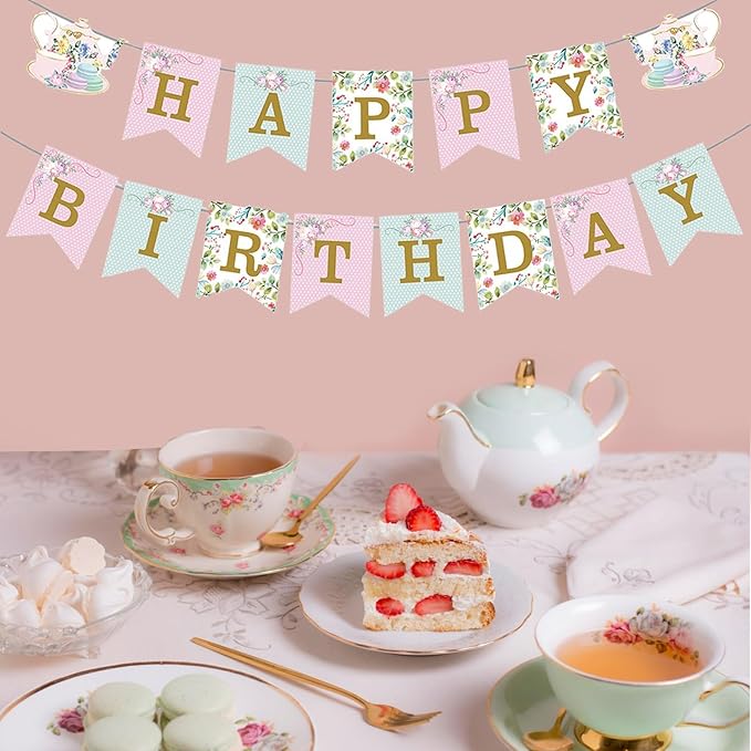 Tea Party Birthday Banner Floral Garland Birthday Banner Flower Wonderland Theme Decoration for Women Girls Baby Shower Party Supplies