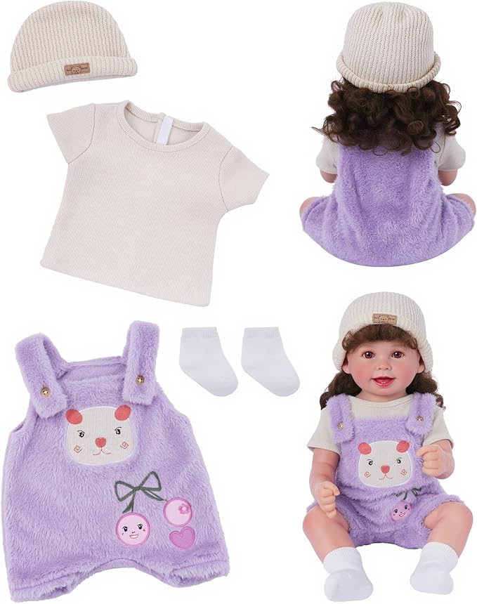 BABESIDE 4-Piece Reborn Baby Doll Clothes for 17-20 Inch Dolls, Doll Outfit Accessories with Bear Pattern fit Baby Dolls Girl, Pretend Play Accessories for Kids Boys & Girls,Purple