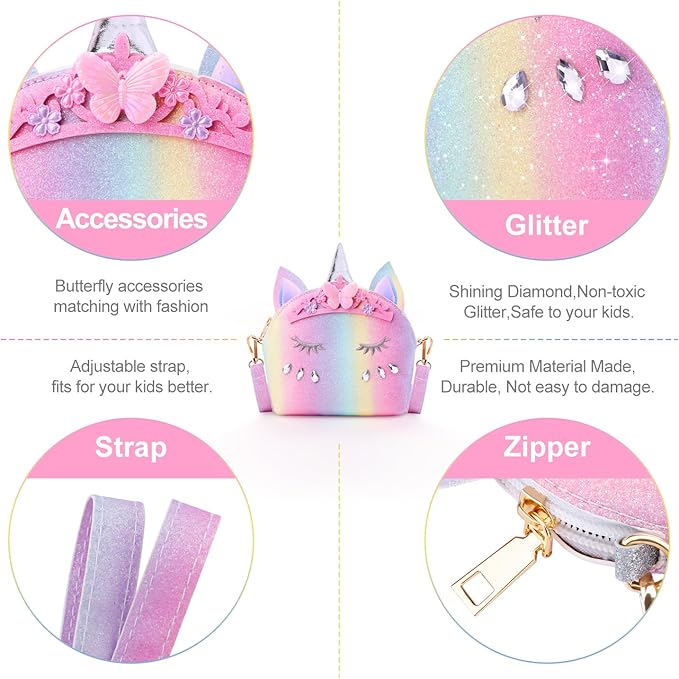 JYPS 7PCS Toddler Purse for Girl, Girls Wallet with Pretend Play Toys, Princess Toys with Kids Dress Up Jewelry Set (Rainbow Crown Unicorn)