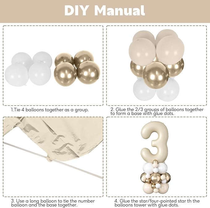 40 Inch Cream Number 3 Balloon for 3rd Birthday Decoration Beige White Sand Number Three Foil Balloon Tower Giant Large Nude Neutral Digit Helium Balloons Stack for Girls Third Anniversary Party