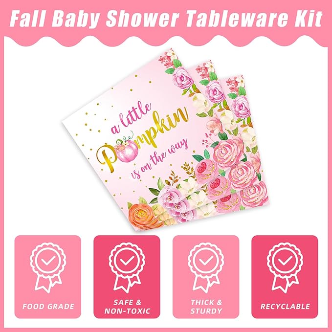 96Pcs Fall Little Pumpkin Baby Shower Plates and Napkins, Autumn A Little Pumpkin is on The Way Party Supplies Decorations Thanksgiving Girl Pink Floral Baby Shower Tableware Kit, Serves 24