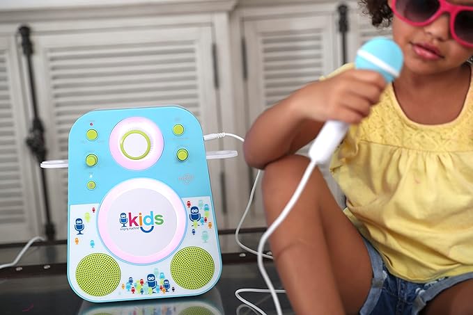 Singing Machine Kids SMK250BG Mood LED Glowing Bluetooth Sing-Along Speaker with Wired Youth Microphone Doubles as a Night Light, Blue/Green