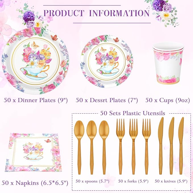 350 Pcs Tea Party Supplies Spring Summer Tea Party Tableware Set Disposable Plates Napkins Paper Cups Plastic Cutlery Set for Birthday Bridal Baby Shower Serves 50