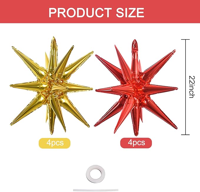 TONIFUL 8 Pcs Red Gold Foil Balloons Large Star Balloons Explosion Star Mylar Balloons for Party Backdrop Christmas New Year Birthday Wedding Baby Shower Anniversary Photo Booth Supplies