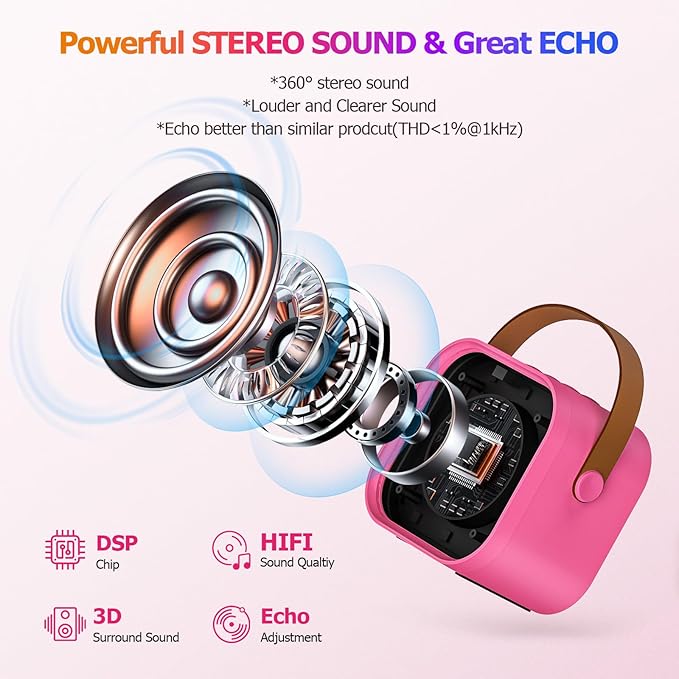 Mini Karaoke Machine with 2 Wireless Microphones for Kids Adults, Portable Bluetooth Singing Speaker Birthday Fun Gift for Girls Boys Ages 4,5,6,7,8,9,10+ Year Old, Toys for Party (Hotpink)