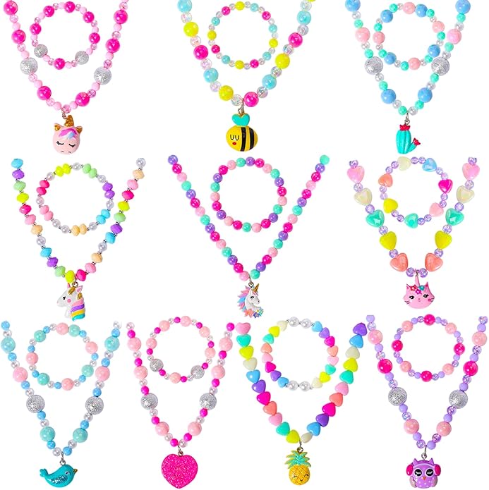 PinkSheep Jewelry Sets Beaded Necklace and Beads Bracelet for Kids Girls 10 Sets Unicorn Cat Bird Owl Necklace and Beads Little Favors Bags for Girls Princess Dress Up Pretend Play