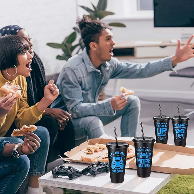 16 Pcs Video Game Plastic Cups Gaming Party Favor with Lids and Straws 24 oz Gamer Reusable Tumbler Water Mug for Fun Video Birthday Party Supplies for Adults (Black Blue)