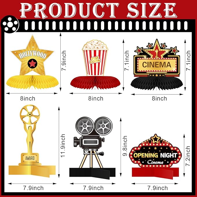 Chinco 12 Pieces Movie Night Party Decorations Supplies Movie Theater Honeycomb Centerpiece 3D Microphone Ticket Star Video Paper Centerpiece Sign Table Decoration for Theater Birthday Party Favors