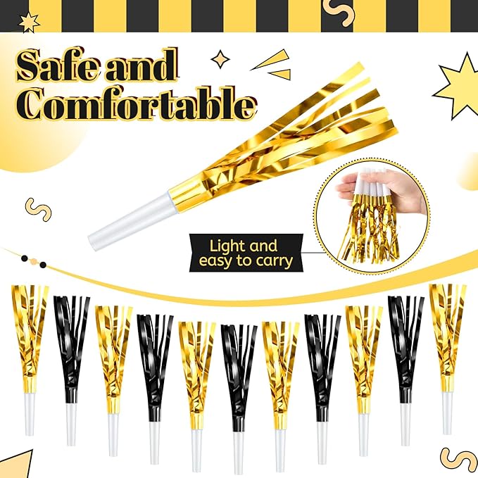 Sumind 24 Pcs Black and Gold Noise Makers Glitter Noise Makers Metallic Fringed Party Blowers for Adults Birthday Graduation Sporting Events 2026 New Years Party Favor Supplies