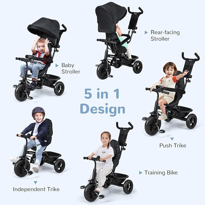 INFANS Kids Tricycle, 6 in 1 Baby Trike Toddler Bike with Reversible Seat, Adjustable Push Handle, Control Direction, Removable Canopy, Safety Harness, Belt, Storage, 9-60 Months (Black)