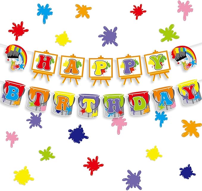 Zwiebeco Colorful Painting Art Happy Birthday Banner Hanging Paper Sign for Girls Boys Kids Adults Graffiti Paint Themed Birthday Party Decoration Supplies