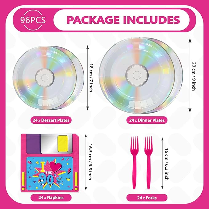 96 Pcs 90's Party Decorations Retro 90s Mix CD Plates and Napkins Disposable 1990s Disco Music Theme Tableware Set for Men Women 1990s 2000s Y2k Birthday Baby Shower Party Supplies Serves 24
