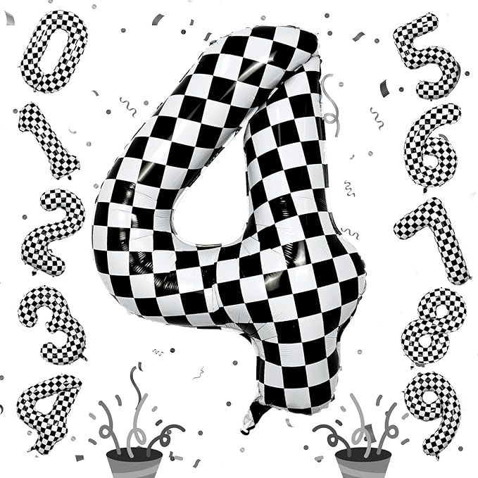 Large Foil Number 4 Balloons, 40 Inch Black and White Checkered 4 Balloon for Boys, Helium Self Inflating Checkered Racing 4 Balloons for Kids Girl 4th Birthday Race Car Flag Party Decoration Supplies