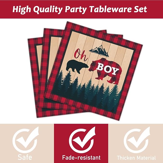 gisgfim 96 Pcs Buffalo Plaid Lumberjack Party Plates and Napkins Party Supplies Boy Red Plaid Party Tableware Set Christmas Decorations Favors for Birthday Baby Shower for 24 Guests