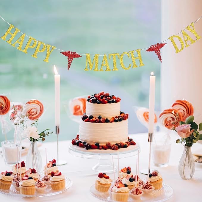 Happy Match Day Banner, Congrats on Matching Bunting Sign, Medical School Survivor Graduation Party Decorations Supplies Gold Glitter