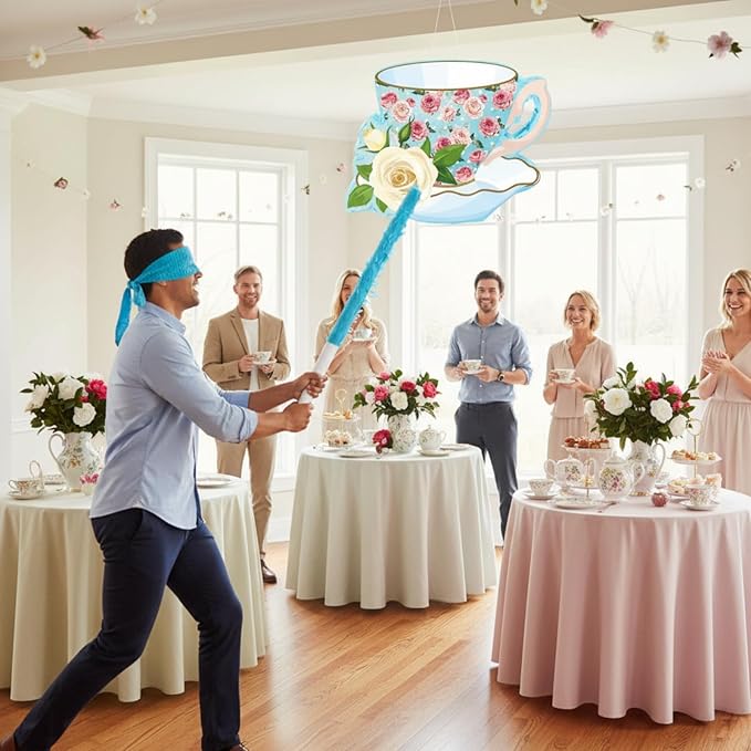 Aoriher 4 Pieces Tea Party Piñatas Tea Flower Themed Decorations Teapot Small Piñata Bundle with Blindfold and Stick Teacup Party Supplies Favors for Birthday (Blue,Teacup)