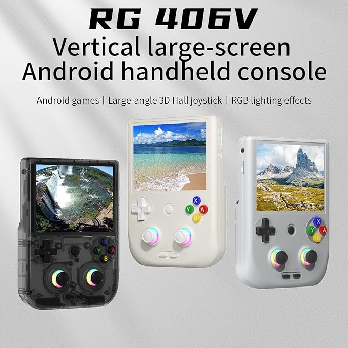 RG406V Android 13 Handheld Game Console 4" HD IPS 8GB RAM NO Card Storage RGB Lighting Player 5500mAh Battery Multi-Format Game Support White