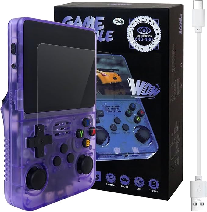 New Upgraded R36S Retro Handheld Video Game Console Linux System 3.5 Inch IPS Screen Portable Pocket Video Player 128GB Games, 21 Emulator (Purple)