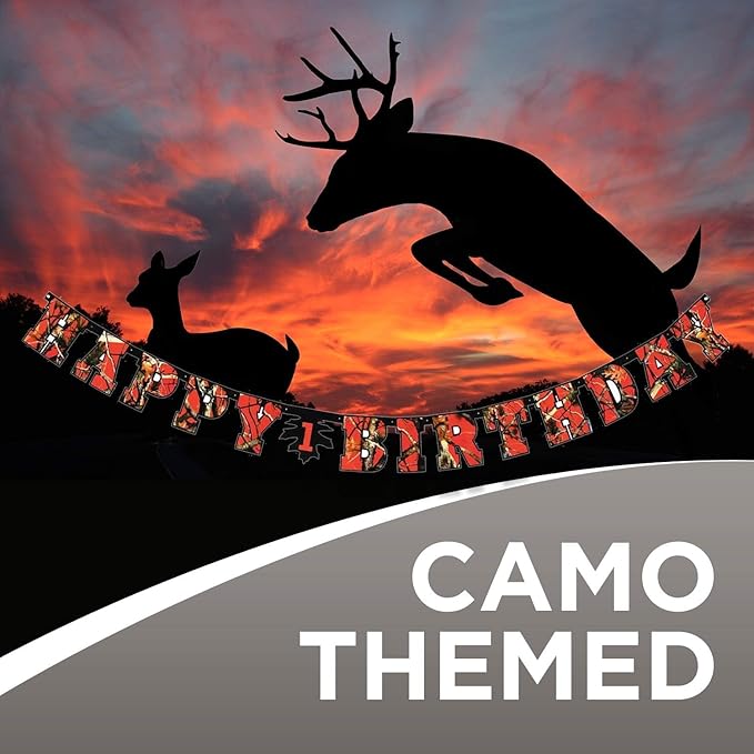 Havercamp Orange Next Camo "Happy Birthday" Party Banner | 1 Count | Great for Hunter Themed Party, Camouflage, Rustic, Nature, Military, Kids Birthday Party