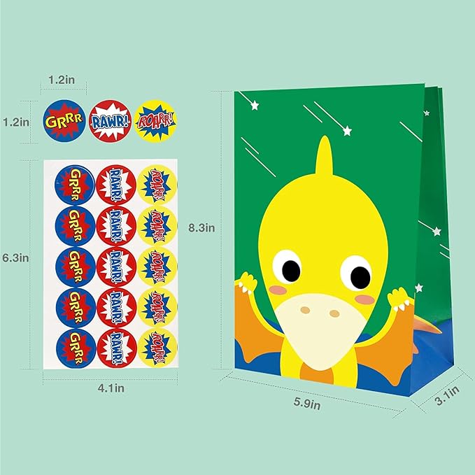 Mocoosy 24Pcs Dinosaur Party Favor Bags, Kids Goodie Bags for Birthday Favor Supplies, Dinosaur Candy Treat Bags Small Paper Gift Wrap Bags for Dinosaur Theme Birthday Party Baby Shower Decorations