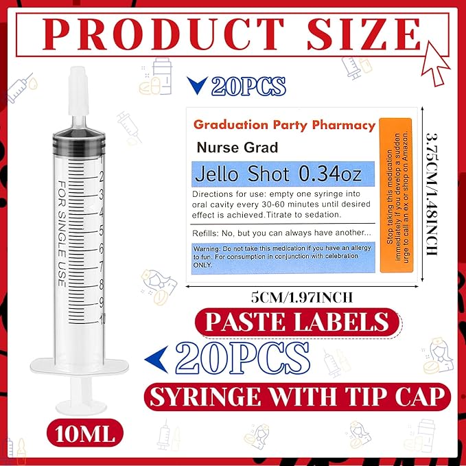 40 Pcs Nursing Graduation Party Supplies, 20 Pcs Plastic Syringes for Drinks, 20 Sticky Labels, Class of 2026 Graduation Decoration Nurse Party Supplies Bsn Rn Lpn Gift (10 ml)