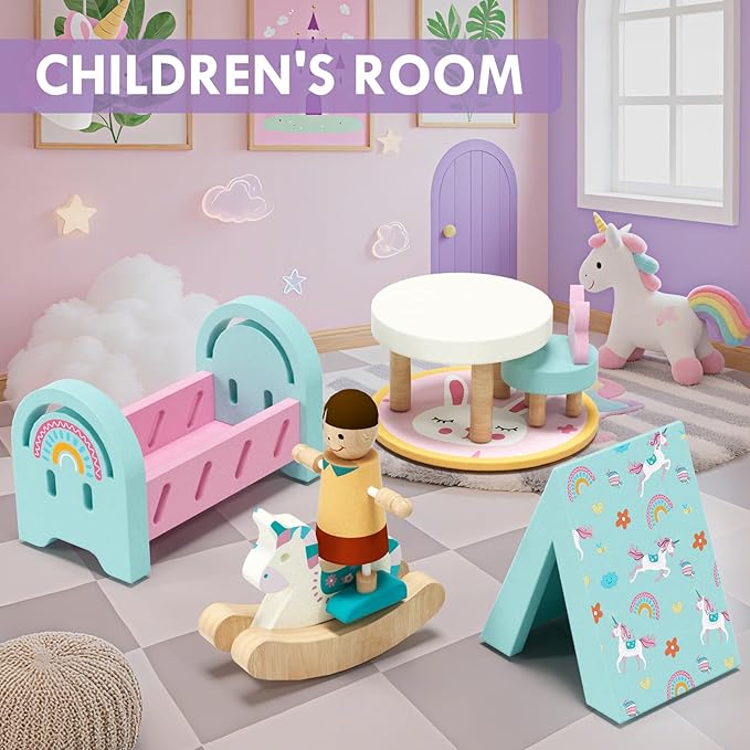 Lehoo Castle Wooden Dollhouse Furniture Set 39 Pcs with 5 Rooms, Family Dolls & Pets, All-Wooden Doll House Accessories and Furniture, Pretend Play Dollhouse Accessories Toy Gift for Kids 3+