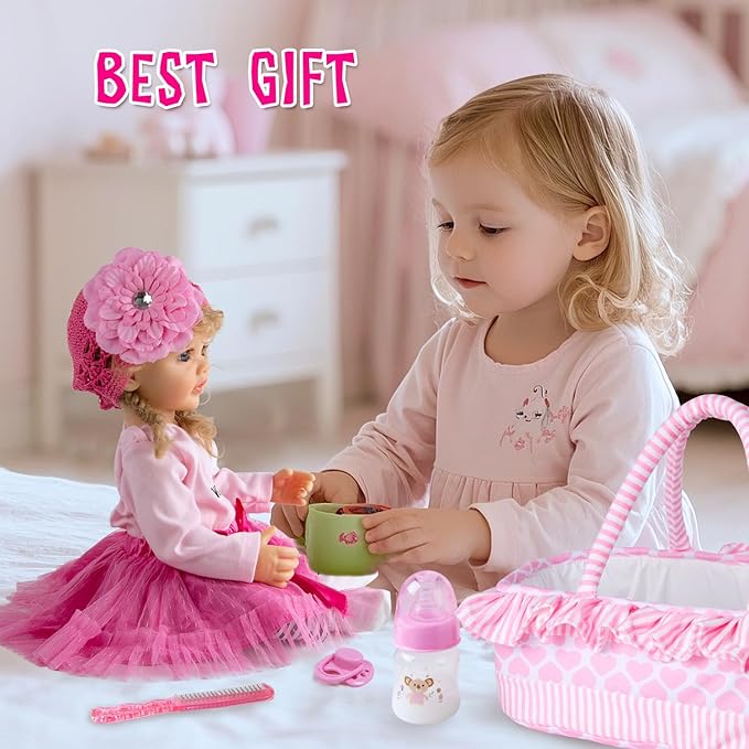 PEDOLLTREE 14 Pcs Reborn Baby Dolls Clothes Accessories Outfit with Pink Heart Bassinet and Blanket for 17-22 Inch Reborn Dolls Newborn Baby Girl