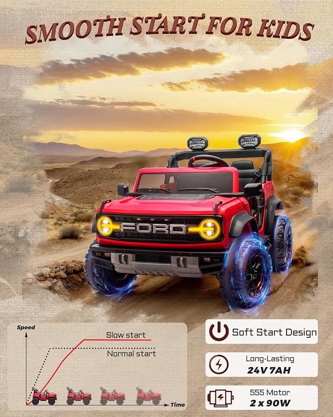 First Ride On Ford Bronco 24V Ride on Toys for Boys & Girls, 2 Seater Kids Electric Car with Remote Control, Kids Ride on Truck with Rear Wheels Suspension, Led Lights, Safety Belt (24V, Red)