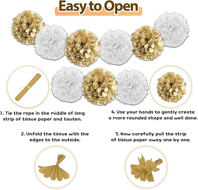 White & Gold Birthday Decorations - Happy Birthday Banner, Fringe Curtain, Tissue Paper, Pompoms, Star Garland, Confetti & Balloons