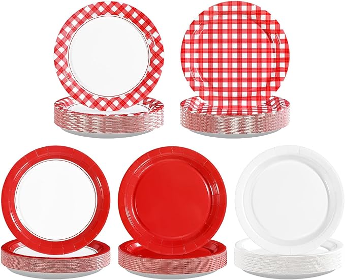 60Pcs Red Gingham Paper Plates 9" Heavy Duty Red and White Checkered Dessert Plate Disposable Plaid Solid Color Gingham Party Supplies for Summer Pizza BBQ Picnic Baby Shower Birthday Party Decoration