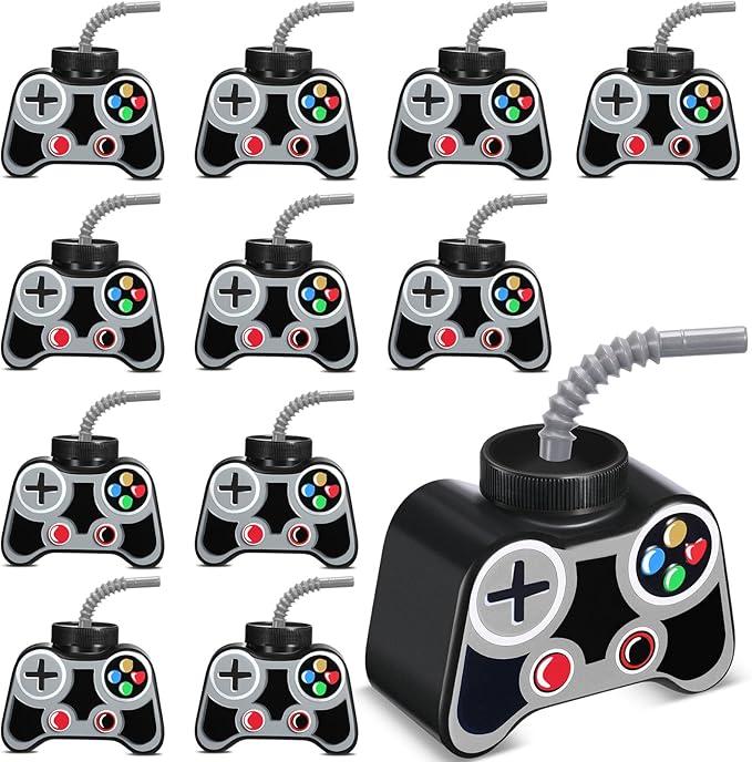 Mifoci 12 Pcs Plastic Video Game Party Cups with Straw and Lid 10oz Gamer Birthday Themed Drink Cups 7th Video Game Party Favors for Kids Toddlers Gamer Birthday Supplies (Gray)