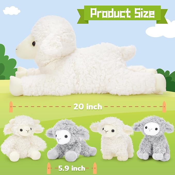 5Pcs Lamb Stuffed Animal Set, Mommy Lamb Plush 20 Inch with 4 Baby Lambs in Her Zippered Tummy, Stuffed Sheep Plushie Toy for Girls Boys and Kids