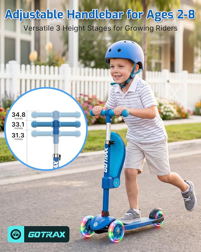 Gotrax KS3 Kids Kick Scooter, LED Lighted Wheels, Adjustable Height Handlebars and Removable Seat, Lean-to-Steer & Widen Anti-Slip Deck, 3 Wheel Scooter for Kids Ages 2-8 and up to 110 Lbs