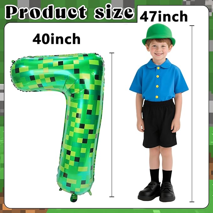 40in Pixel Number 7 Balloon Birthday Decorations, Miner Theme Foil Balloons banner Blast Gaming Party Supplies