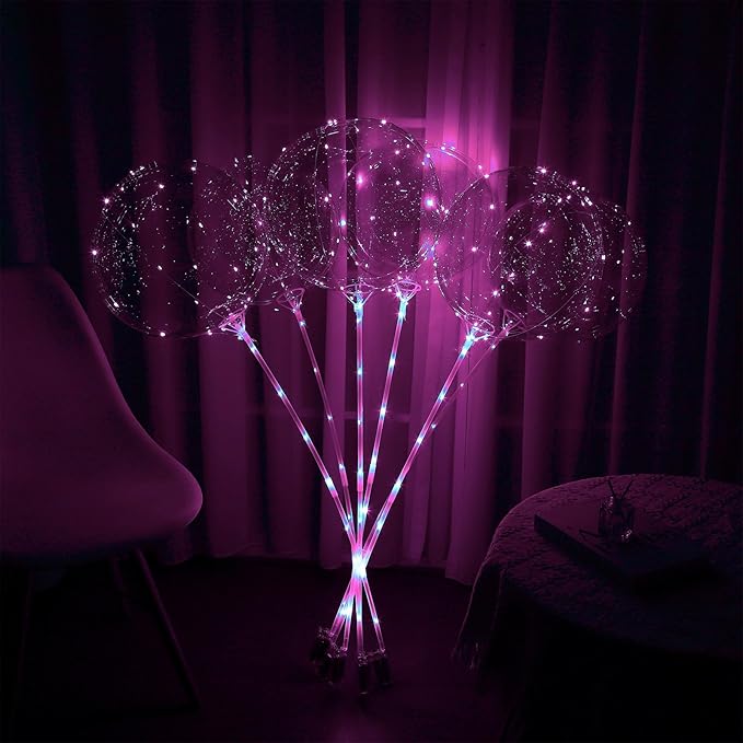 LED Balloons Light Up, 10 Pack LED Balloons with Sticks, 20 Inch Clear Bobo Balloon with Lights Helium Glow Bubble Lights for Party Supplies Valentines Decor (Pink)