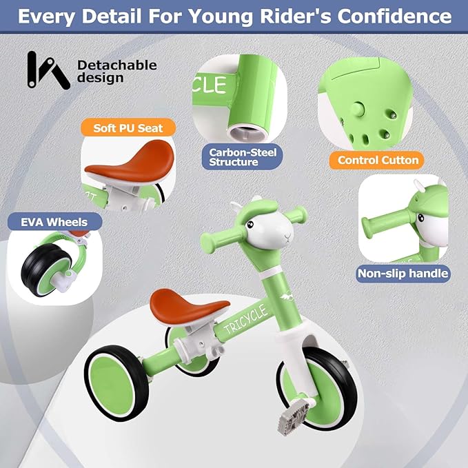 Toddler Balance Bike for Boys Girls, Tricycle for Toddlers 1-5 Year Olds, Toddler Tricycle with Light & Music Front, Kids Bicycle with Removable Pedal, Birthday Gifts for 1 2 3 4 5 Year (Green)