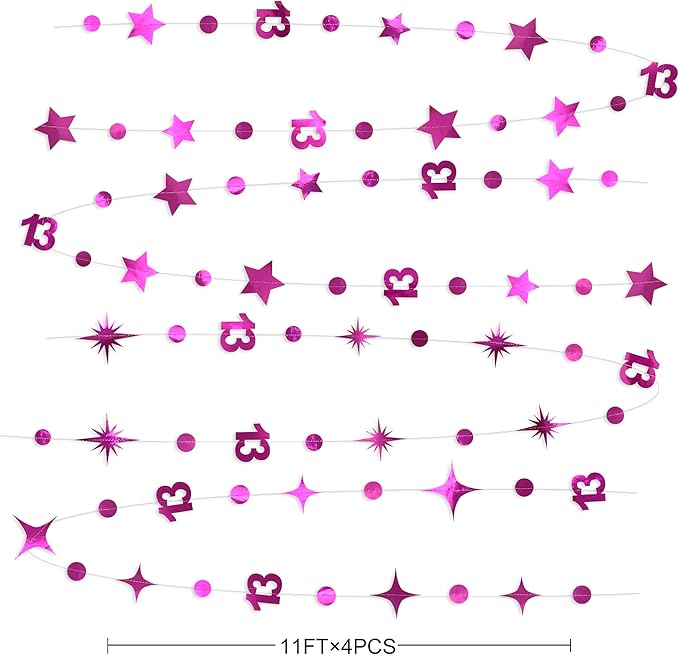 Hot Pink 13th Birthday Decorations Number 13 Circle Dot Twinkle Star Garland Hanging Streamer Banner Backdrop Girls 13 Year Old Birthday Thirteen Official Teenager 13th Anniversary Party Supplies