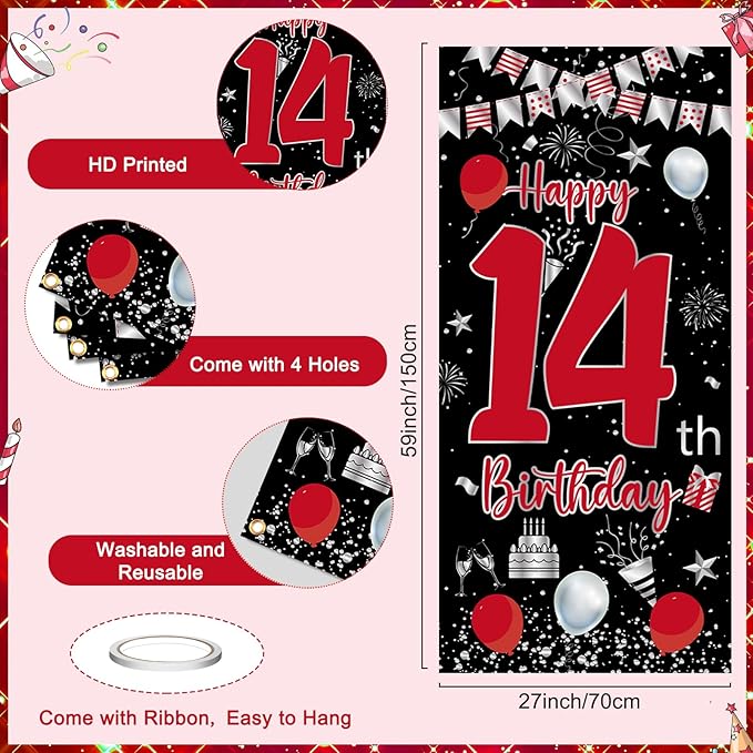 14th Birthday Decorations for Boys Girls, Happy 14th Birthday Decorations Boy, Red Black 14 Year Old Birthday Door Banner Sign, Triangle Flag, Large 14 Balloons Decor for 14 Bday Party Supplies