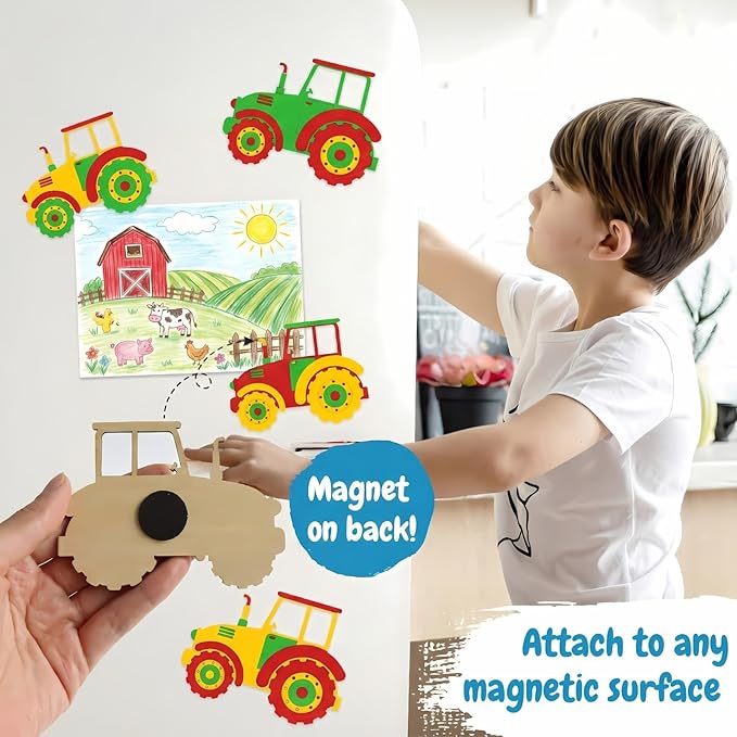 12 Pack Pre-Packaged Tractor Party Favors, Wooden Tractor Cutouts with Magnets & Painting Kits for Kids, Farm Theme Birthday Decorations & Thank You Gifts for Guests